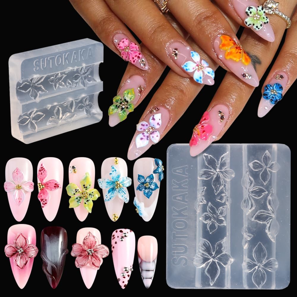 SUTOKAKA 3D flowers nail mold silicone tool front view showing transparent hibiscus patterns