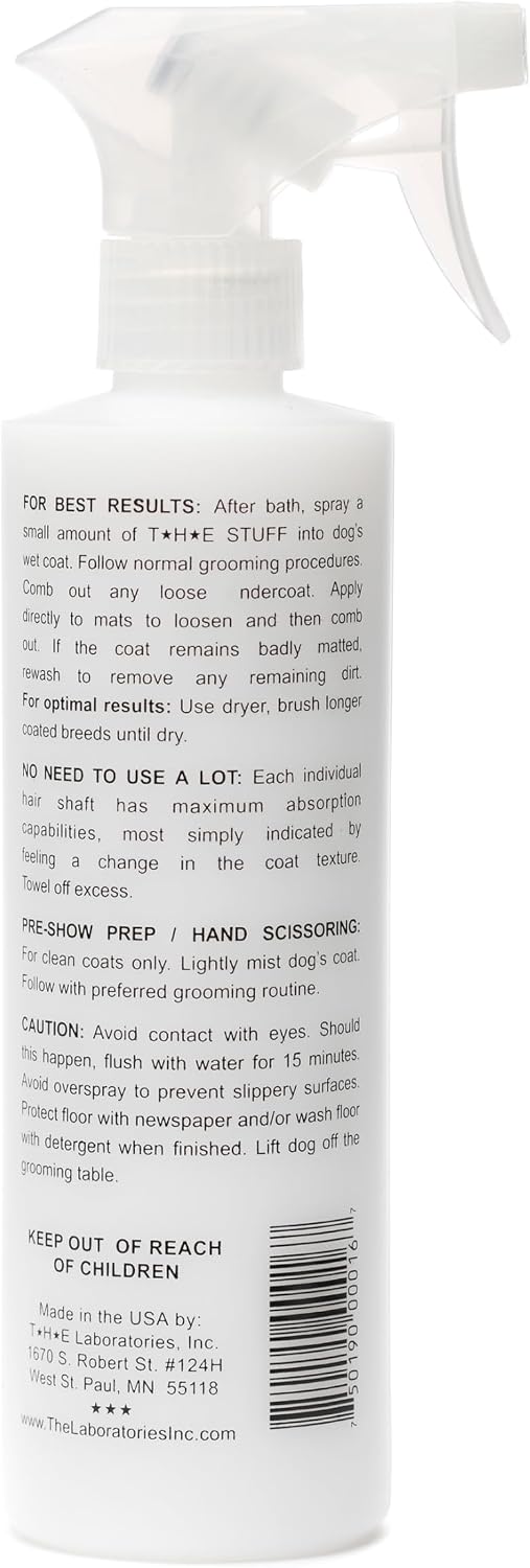 The Stuff dog detangler spray bottle showing usage instructions