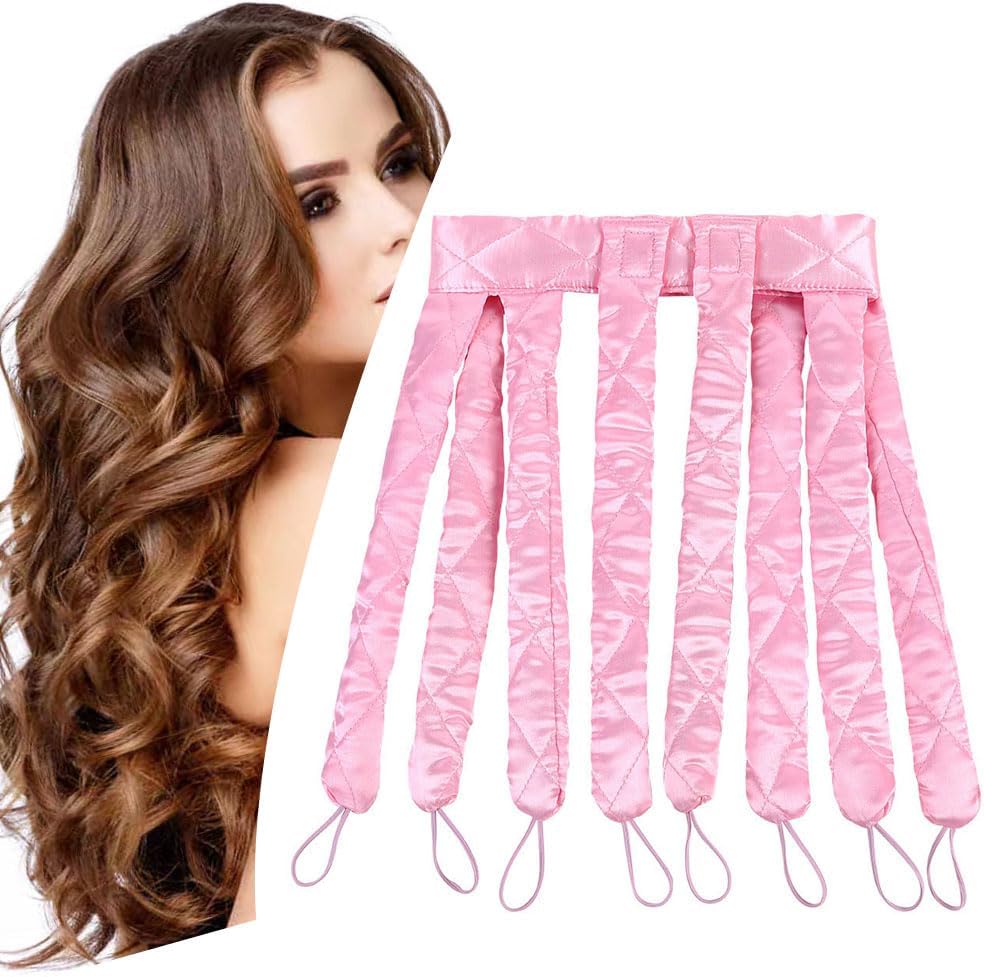 YiQiYi no heat hair curler headband front view showcasing pink satin material and adjustable strap.