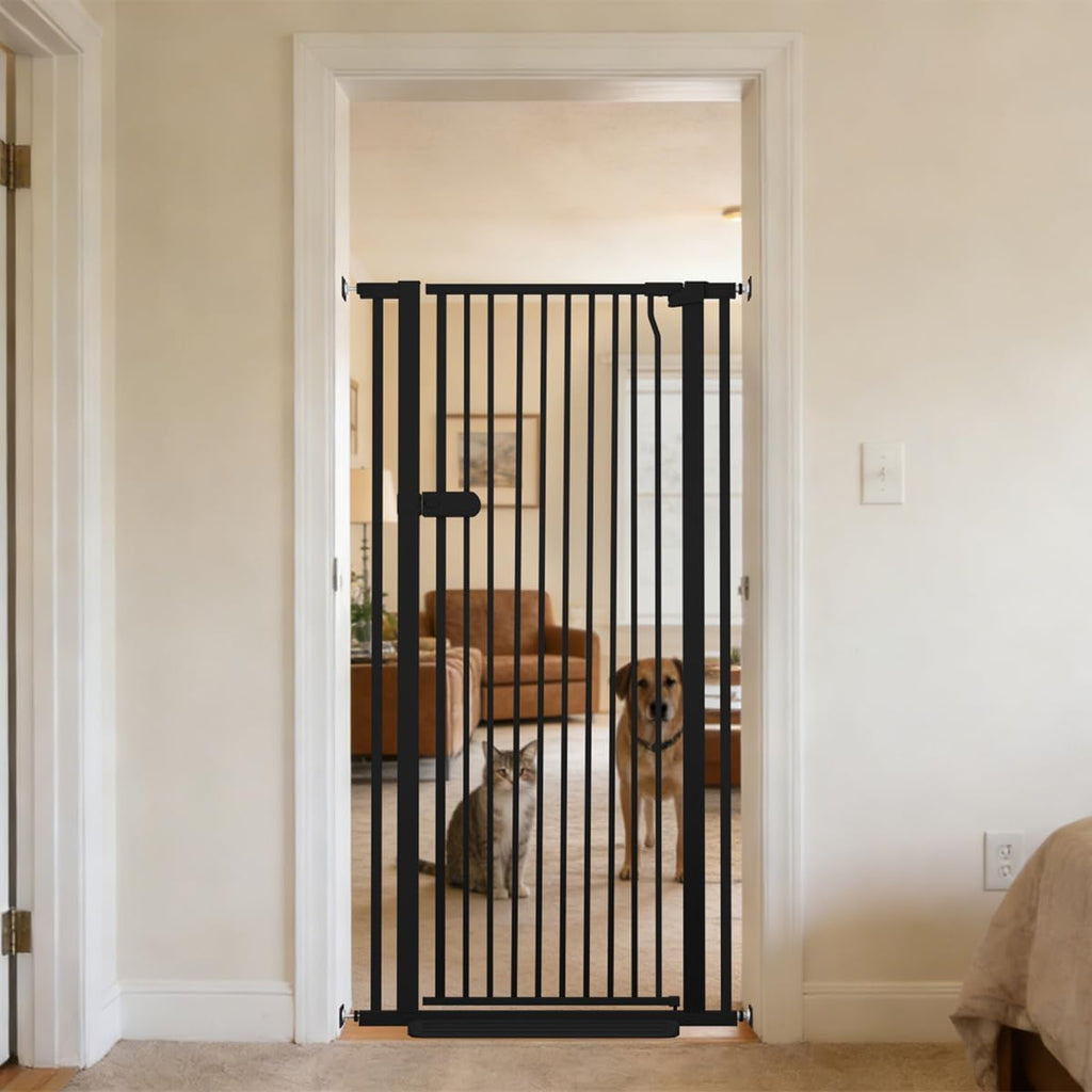 Lumizone extra tall cat gate front view of black pressure mounted pet barrier in doorway