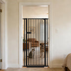 Lumizone extra tall cat gate front view of black pressure mounted pet barrier in doorway