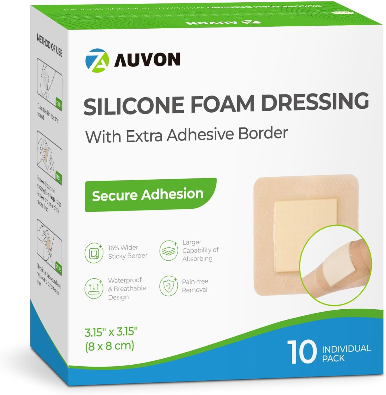AUVON Silicone Foam Dressing 10 pack box front view showing sterile waterproof wound care packaging