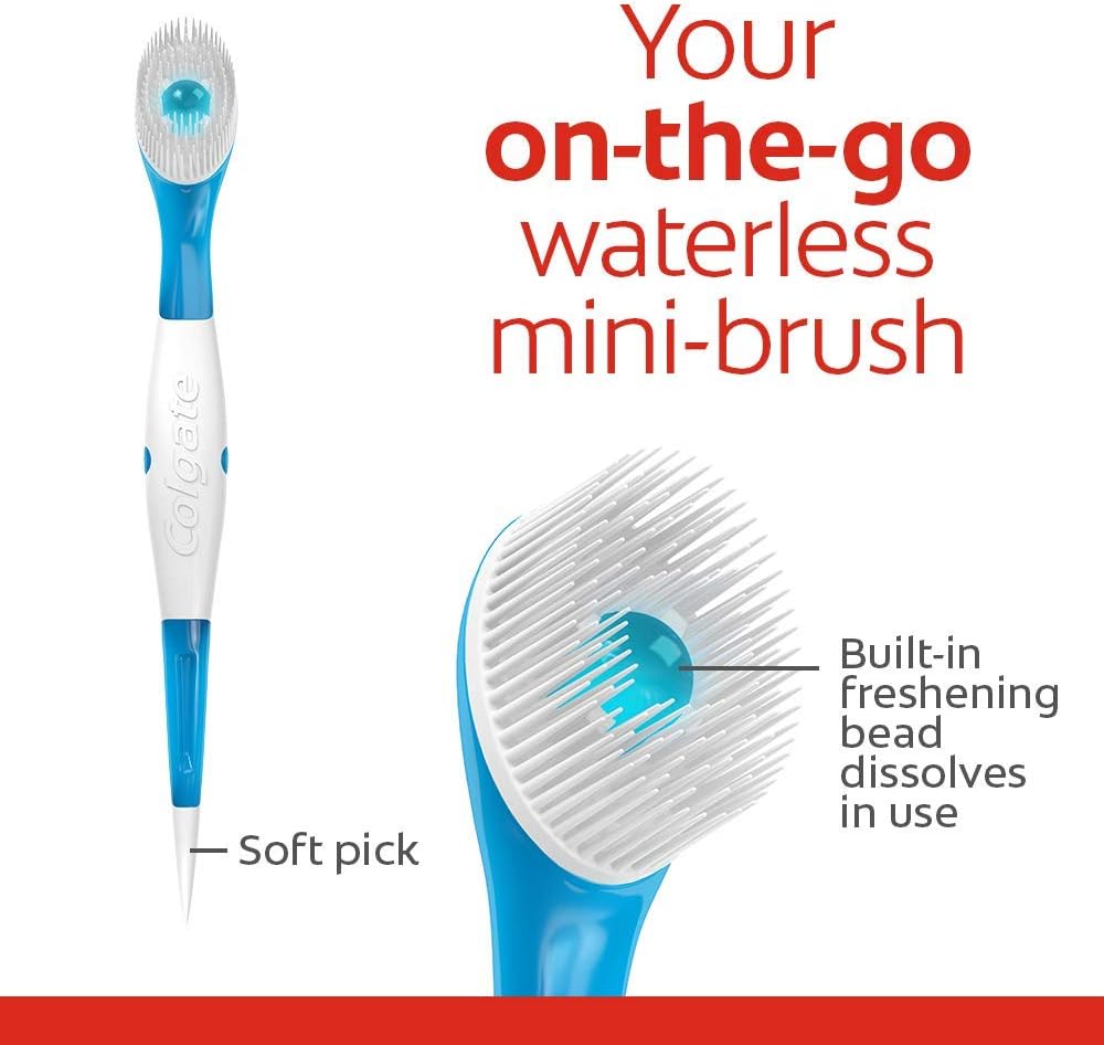 Colgate waterless travel toothbrush pack showing twenty-four peppermint flavored single-use brushes.