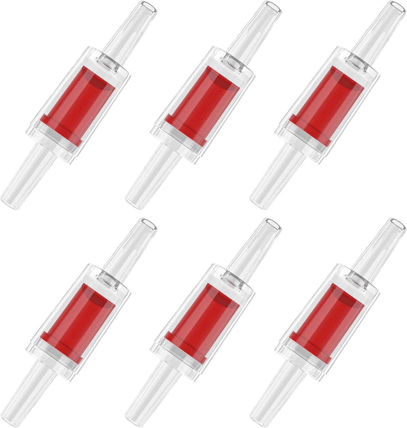 Pawfly aquarium check valves front view showing red and clear plastic design