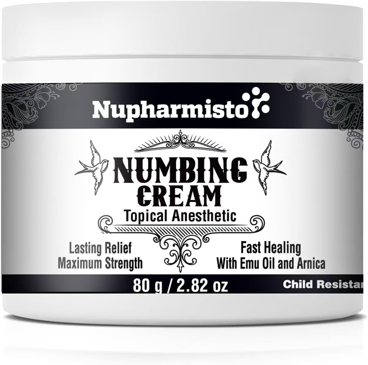 Nupharmisto Numbing Cream Maximum Strength 80 grams jar front view for professional tattoo pain relief