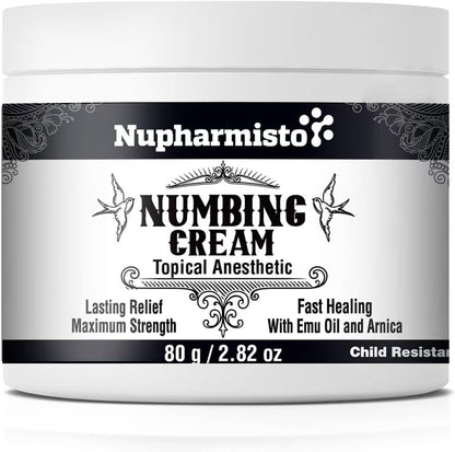 Nupharmisto Numbing Cream Maximum Strength 80 grams jar front view for professional tattoo pain relief
