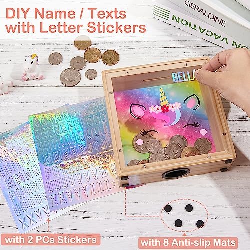 Customizable kids wooden savings container with included DIY alphabet sticker sheets