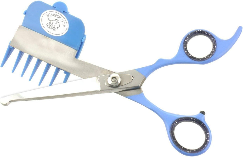 Close up of the micro serrated stainless steel scissor blades featuring blue finger loops with removable gel inserts.