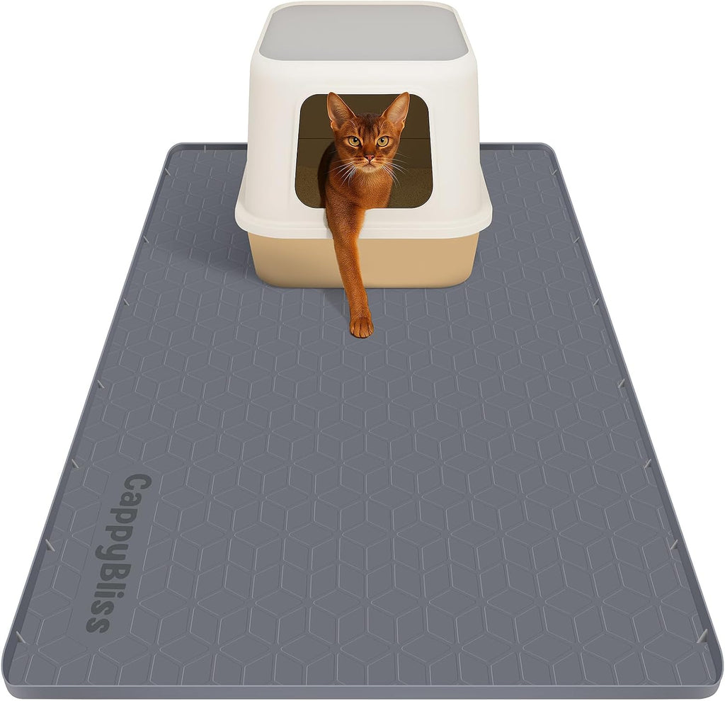 CappyBliss Large Cat Litter Box Mat front view trapping scatter on hardwood floor