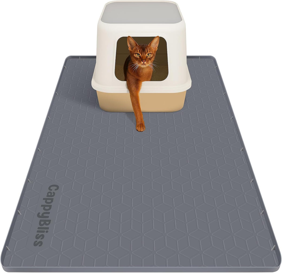 CappyBliss Large Cat Litter Box Mat front view trapping scatter on hardwood floor