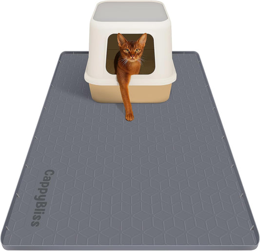 CappyBliss Large Cat Litter Box Mat front view trapping scatter on hardwood floor