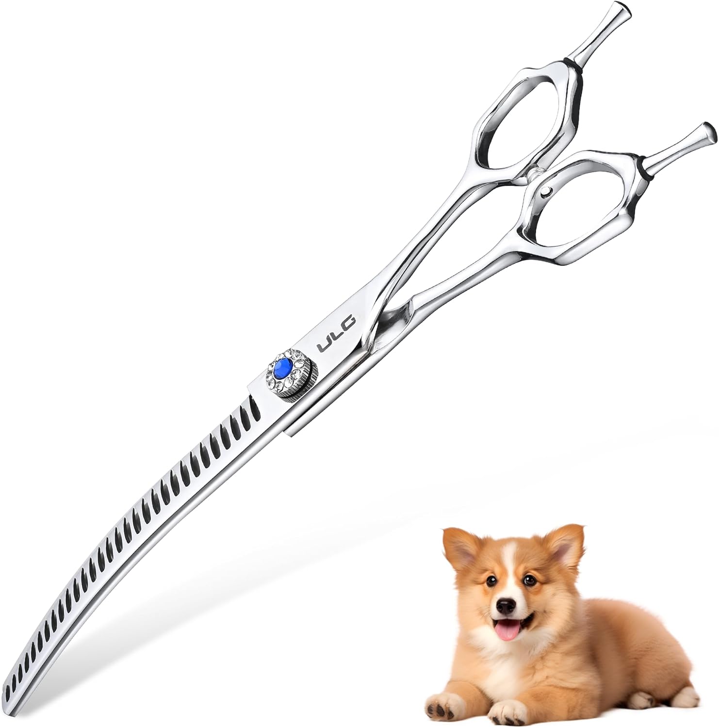 ULG professional dog grooming shears front view showcasing the 30-tooth curved thinning blade structure