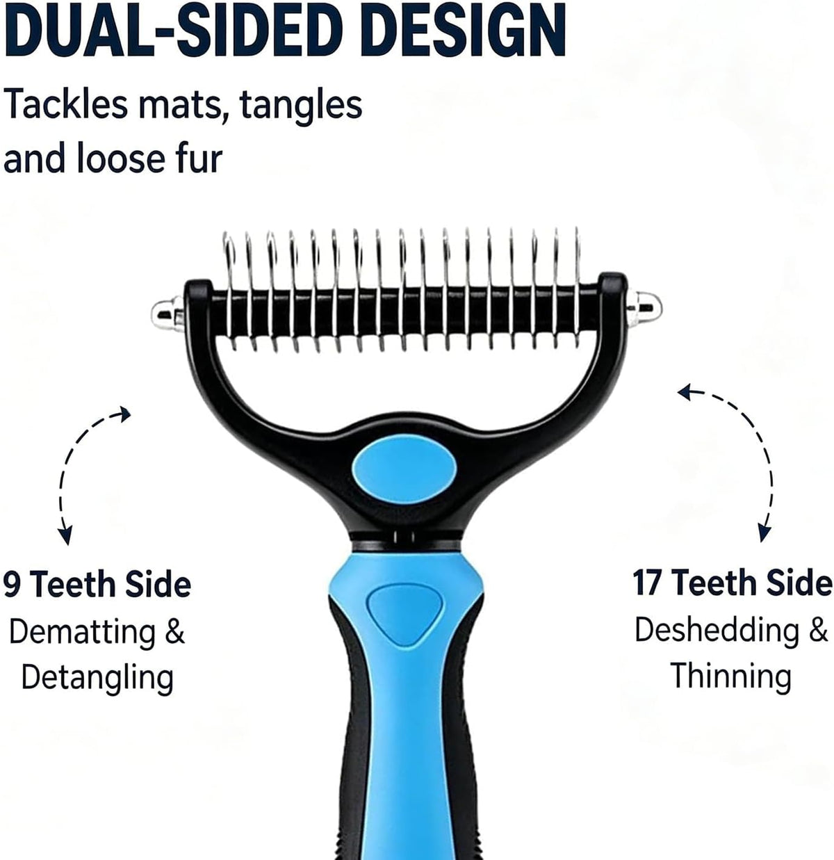 Ergonomic non-slip blue and black handle of the Bicotand pet grooming brush.
