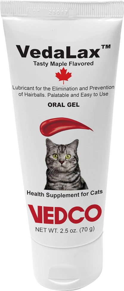 Vedco VedaLax cat hairball lubricant gel tube showing maple flavor identifier.