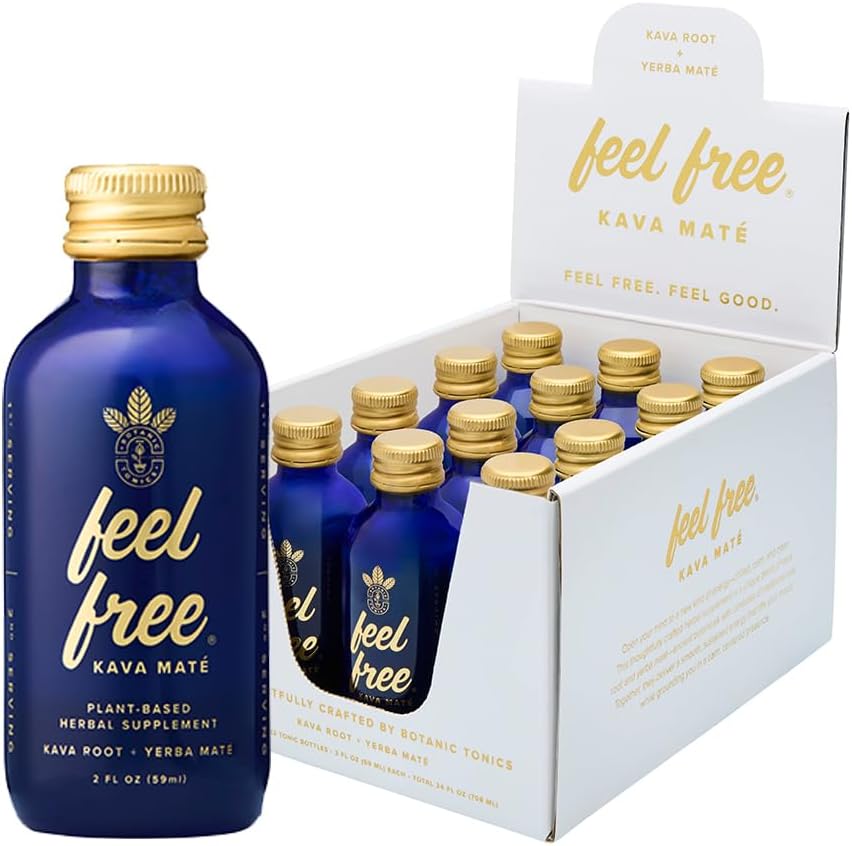 Botanic Tonics Feel Free Kava Mate 2 Fluid Ounce bottle front view showing product packaging and branding