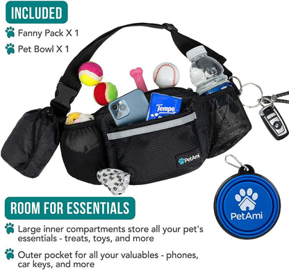 PetAmi pet treat waist belt with attached blue collapsible bowl