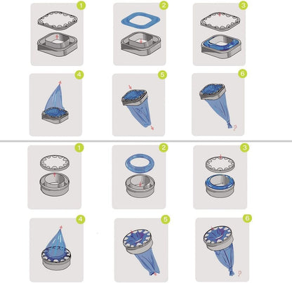 Step by step installation demonstration of putting the universal litter bag refill into an empty cartridge.