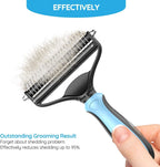 Angle shot of the rust-resistant stainless steel blades on the Goodscious pet grooming tool.