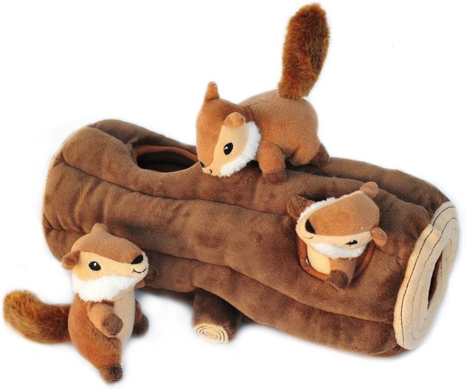 Dog playing with interactive ZippyPaws plush log