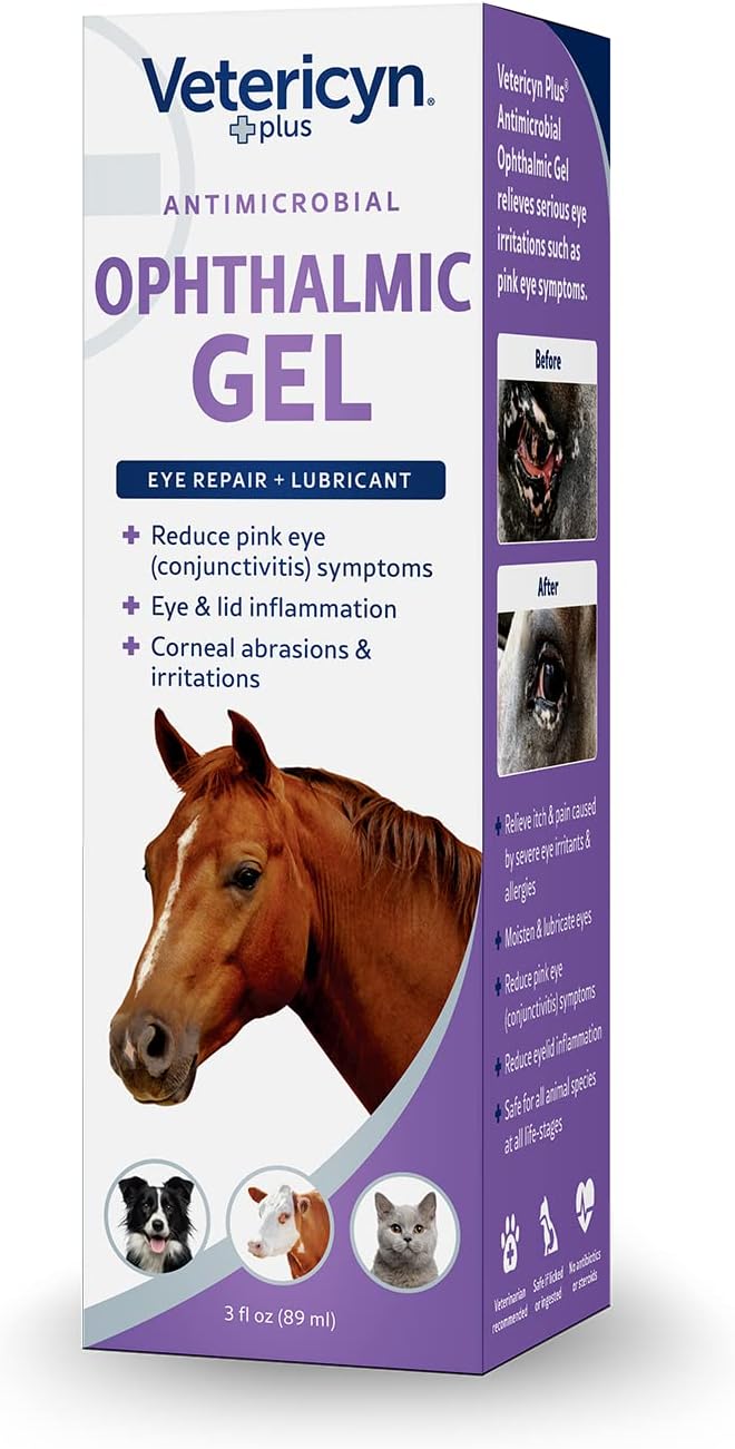 Vetericyn Plus Ophthalmic Gel box packaging displaying directions for horse eye irritations.