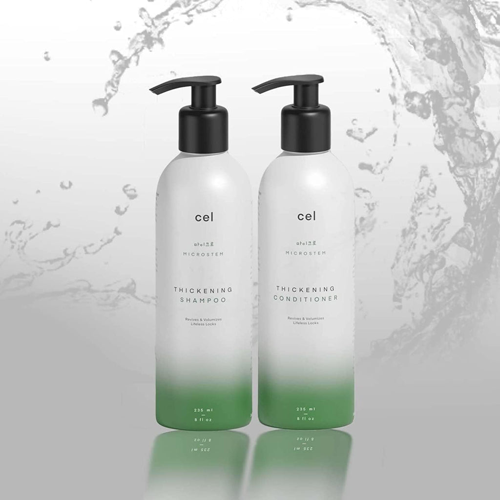 Cel Microstem hair thickening shampoo and conditioner set front view bottle packaging