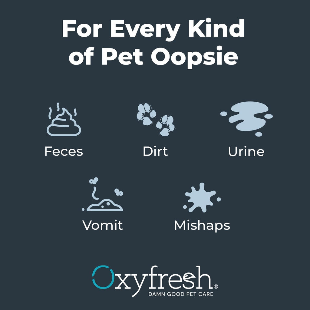 Oxyfresh USA imported advanced pet odor eliminator spray bottle on clean tile floor.