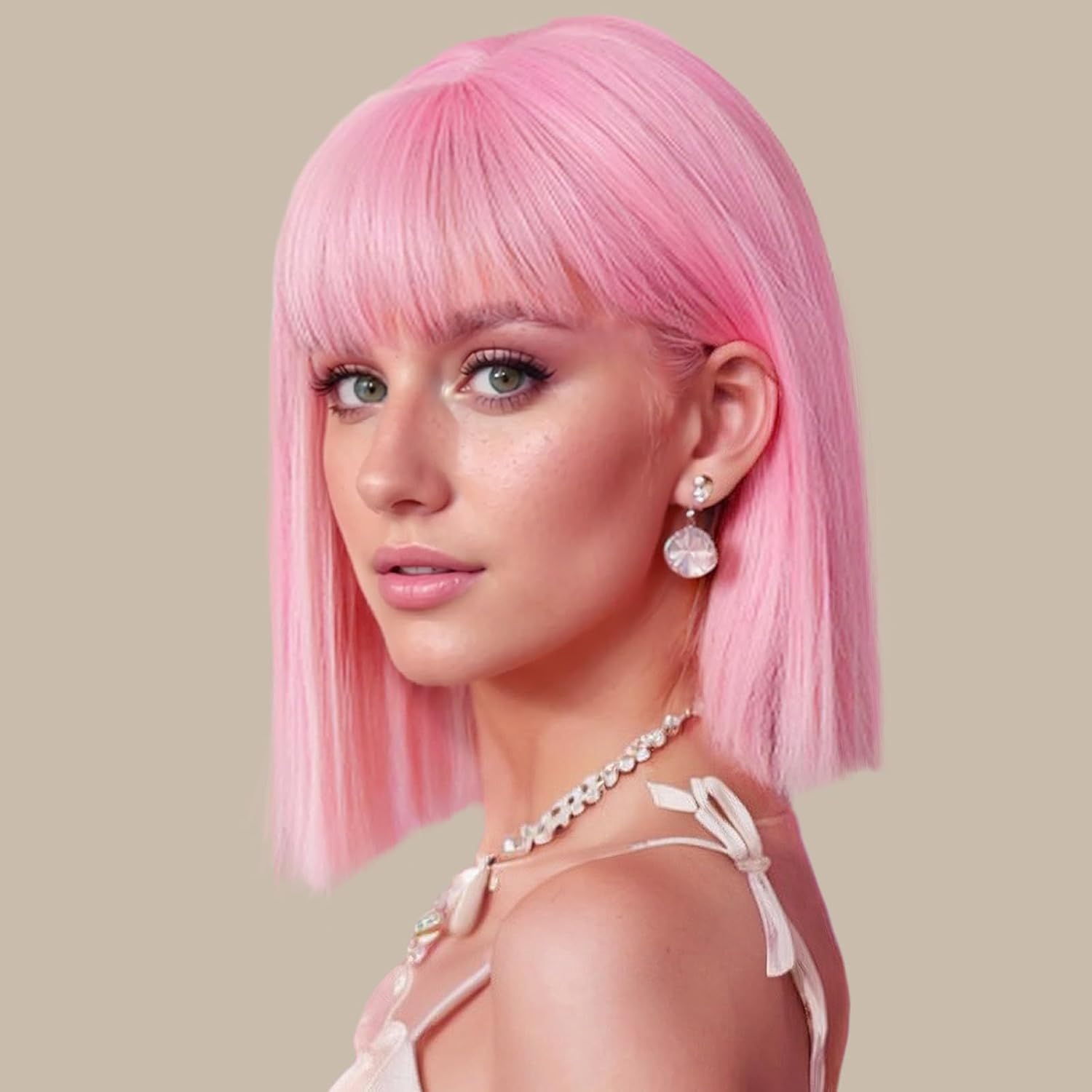 PORSMEER SUKRI pink bob wig with bangs front view showing twelve inch straight hair texture