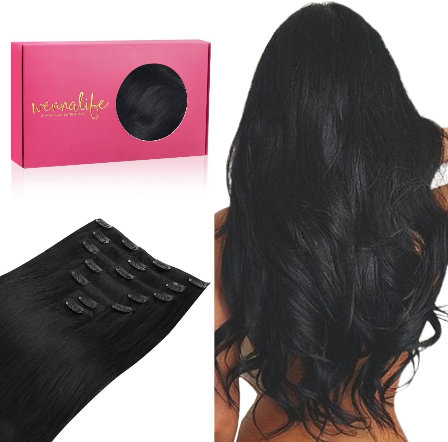 Wennalife Clip In Hair Extensions front view of vibrant pink product box packaging