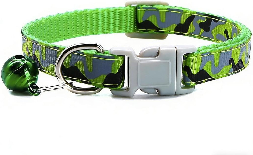 Close up view of the blue camouflage pet collar with its matching metal bell accessory