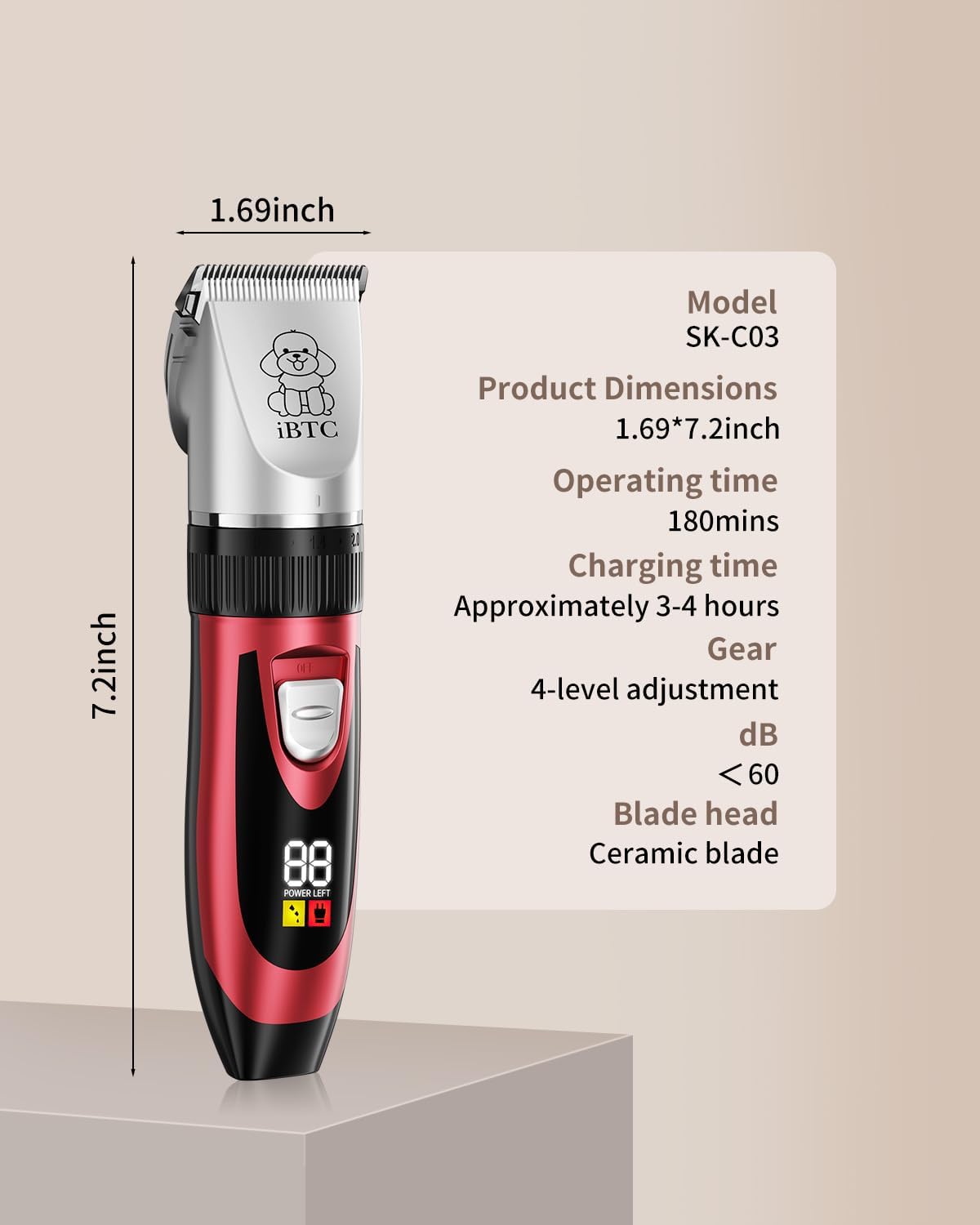 iBTC Dog Shaver Clippers Low Noise Rechargeable Cordless Electric Quiet Hair Clippers Set for Dogs Cats Pets Features a Ceramic Blade Head that is Removable (red) - Image 9