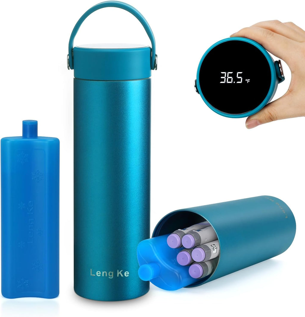 LengKe insulin cooler travel case front view showing ice blue premium finish