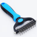 Maxpower Planet pet grooming rake front view showing blue rubber handle and stainless steel teeth