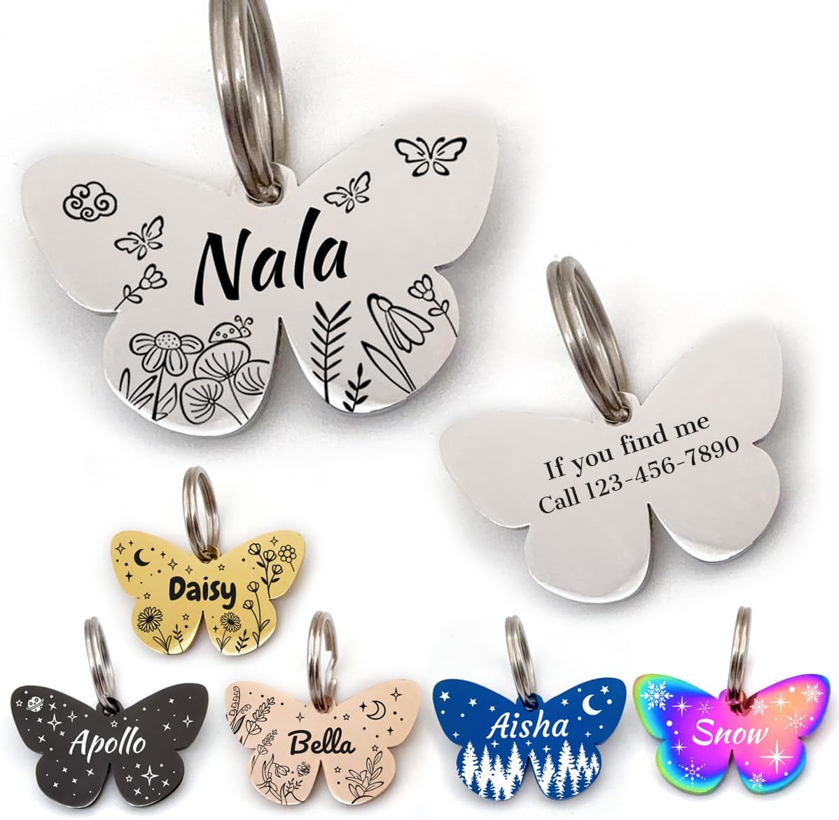 Luigi personalized stainless steel pet ID tag front view showing engraved butterfly design.