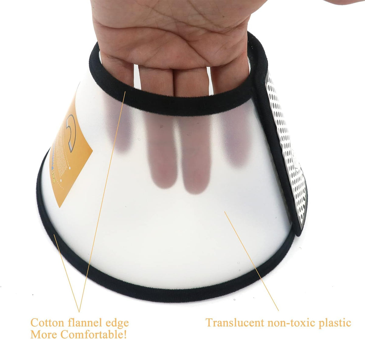 Translucent plastic pet recovery cone showing adjustable Velcro hook and loop system.