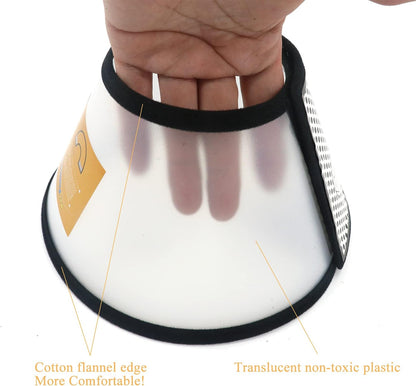 Translucent plastic pet recovery cone showing adjustable Velcro hook and loop system.