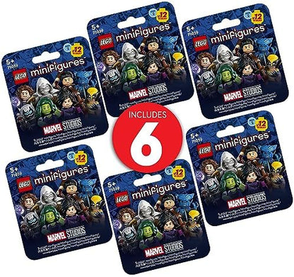 LEGO 66735 mystery box showing a random assortment of six assembled superhero characters with accessories.