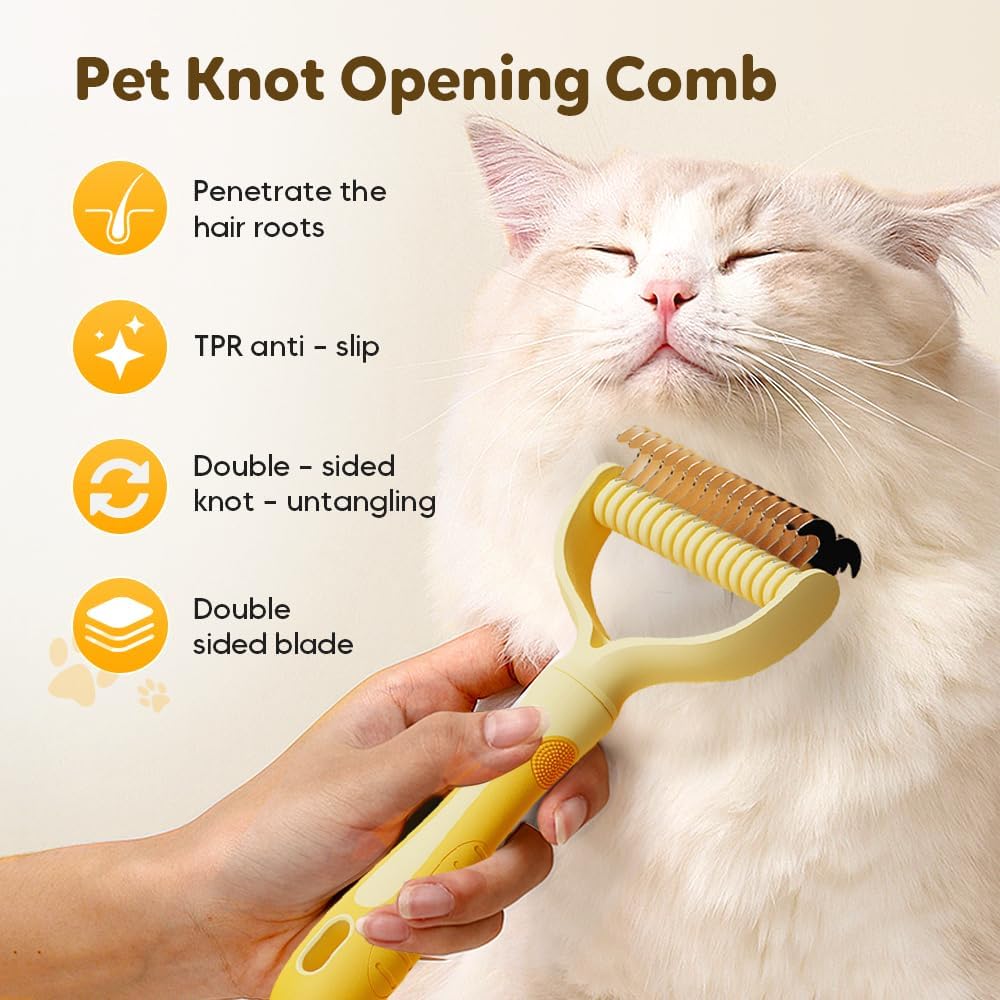 Thick coat detangler comb with seventeen teeth side for thinning loose pet fur.