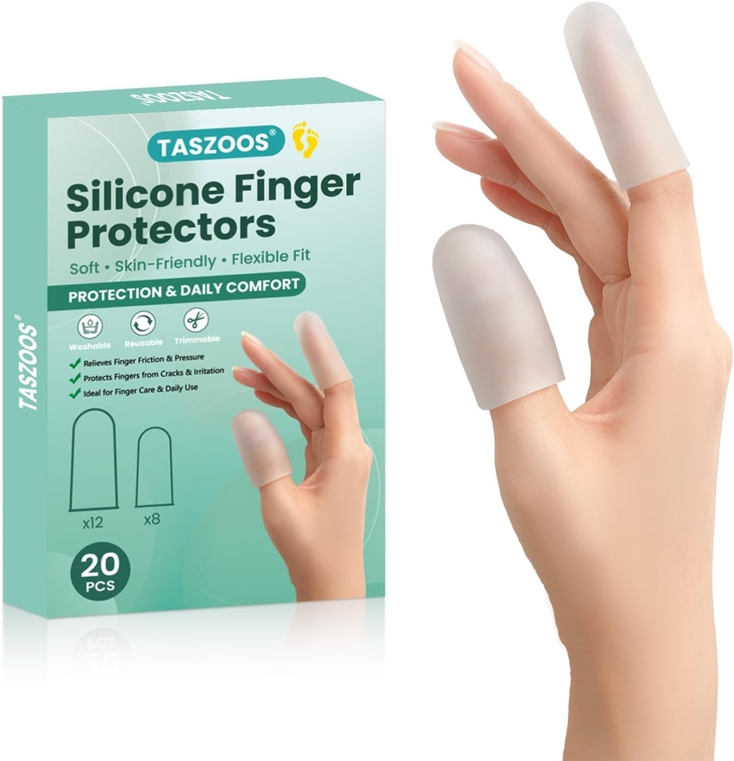 TASZOOS Gel Finger Cots and Finger Sleeves front view showing twenty pieces pack for pain relief