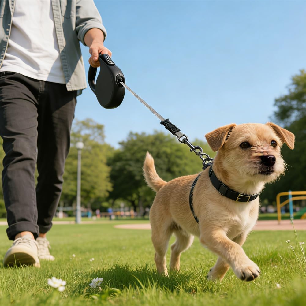 Dark green dog leash being used in a park setting