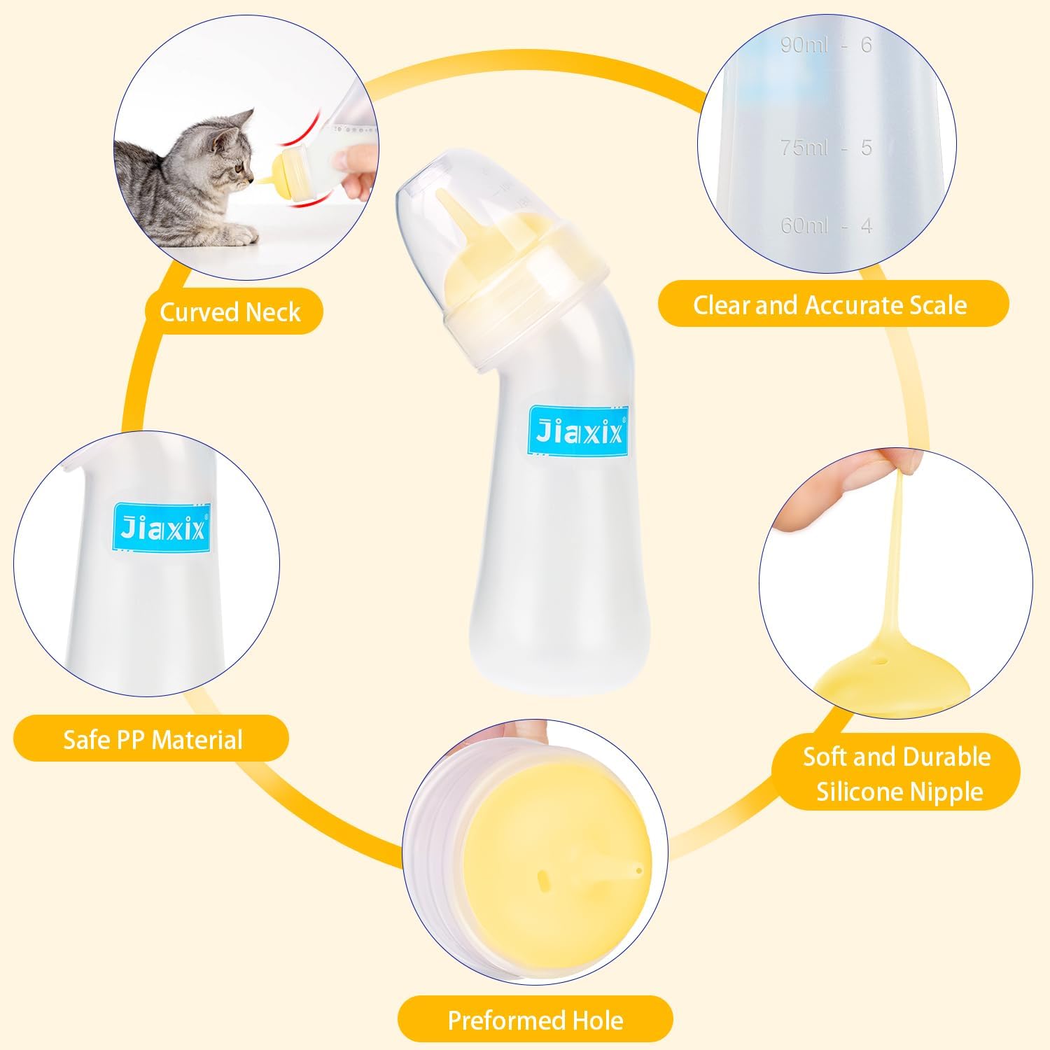 Curved fifty-milliliter pet feeding bottle being cleaned with the included long-reach maintenance brush.