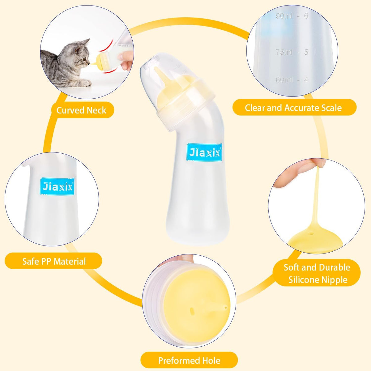 Curved fifty-milliliter pet feeding bottle being cleaned with the included long-reach maintenance brush.