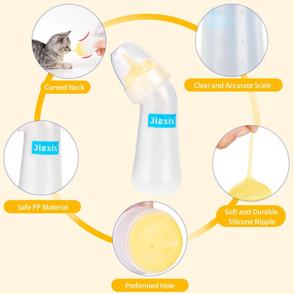 Curved fifty-milliliter pet feeding bottle being cleaned with the included long-reach maintenance brush.