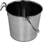 Side profile of flat-sided pet bucket showing hanging hooks