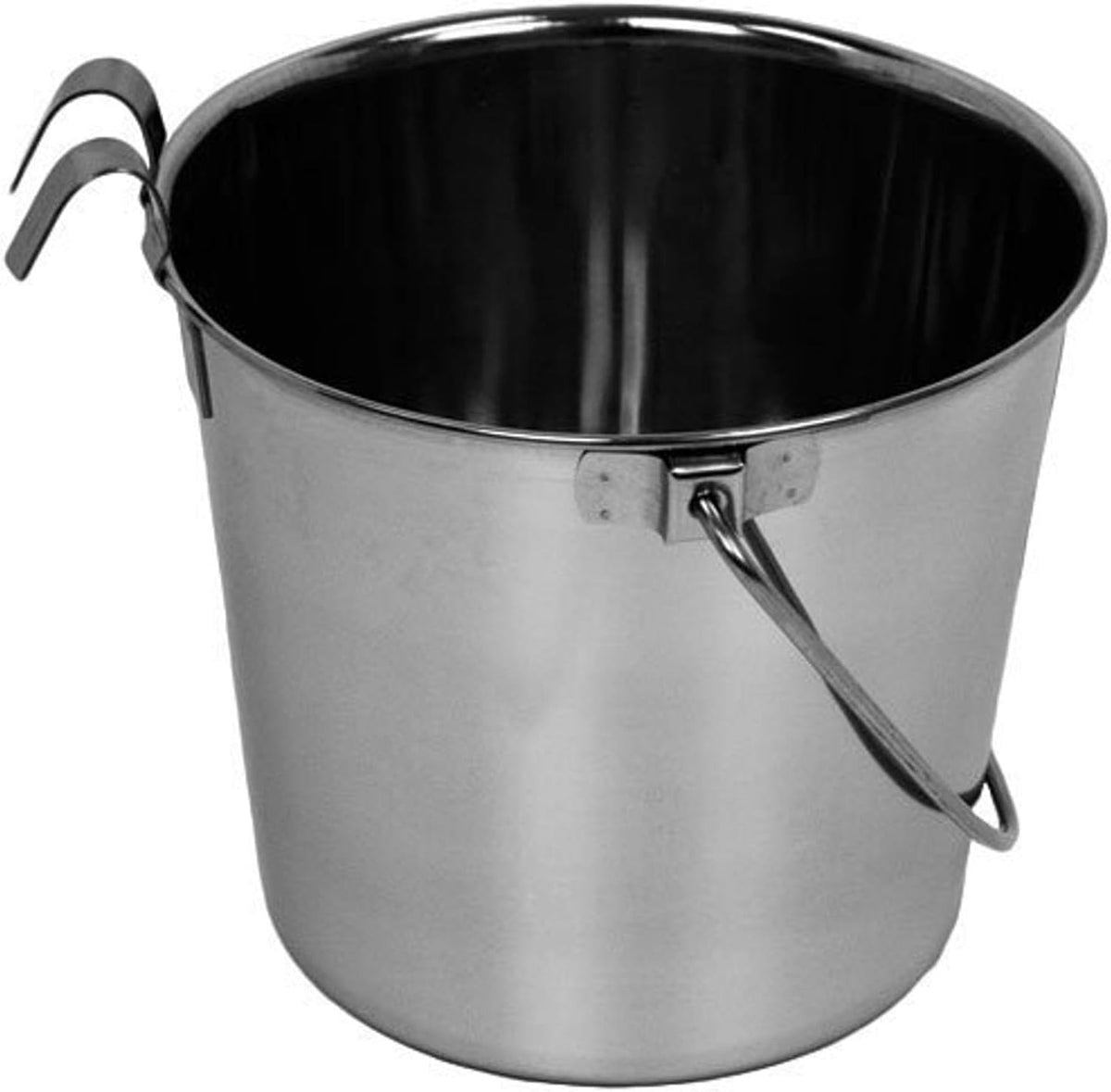 Side profile of flat-sided pet bucket showing hanging hooks