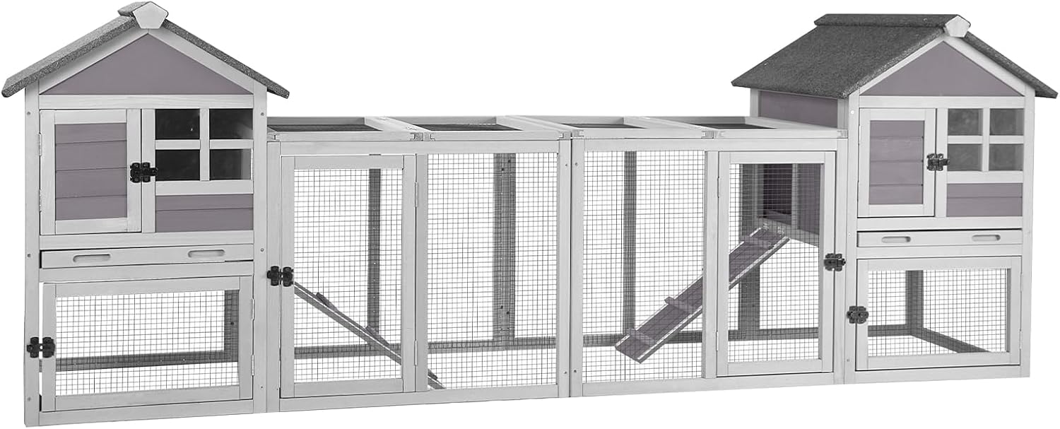 Aivituvin Rabbit Hutch Indoor Bunny Cage Outdoor with Run Chicken Coop Guinea Pig House with Waterproof Asphalt Roof,No Leakage Pull Out Tray (103.2" L x 25.2" W x 36.2" H, Grey-2 Sets) - Image 1