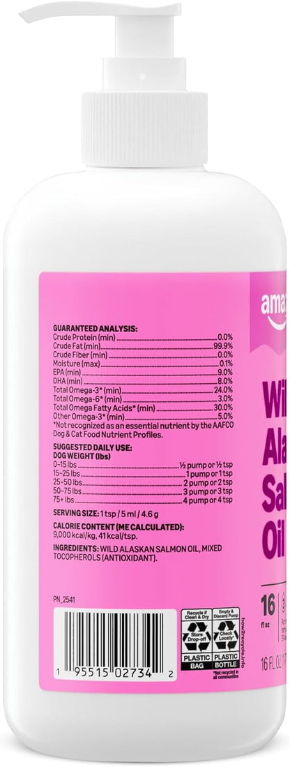 Natural wild Alaskan salmon fish oil pouring mechanism for mixing with dog food.