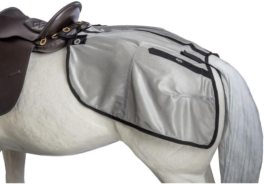 Side angle view of the Tough 1 Fly Rump Sheet highlighting the quick grip loops and removable elastic tail strap.