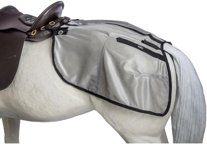 Side angle view of the Tough 1 Fly Rump Sheet highlighting the quick grip loops and removable elastic tail strap.