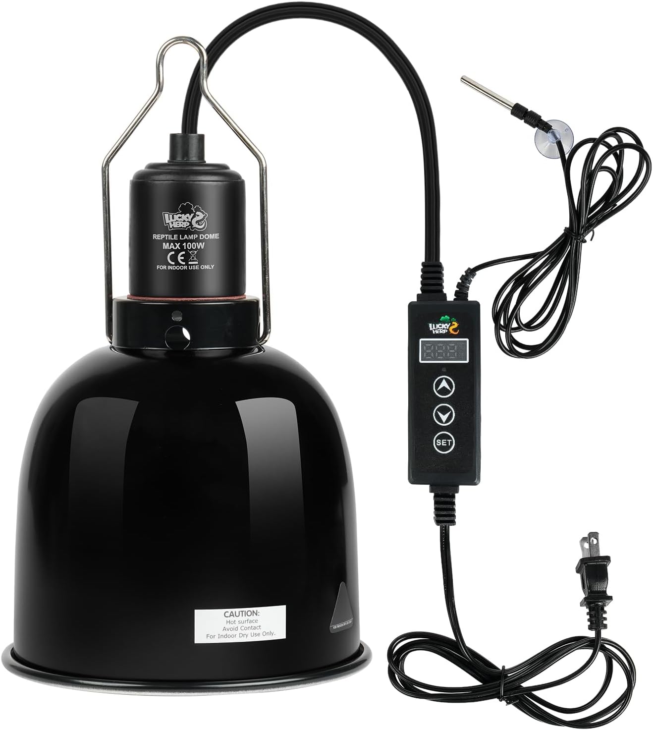 Lucky Herp reptile light fixture with dimming thermostat front view for terrarium heating.