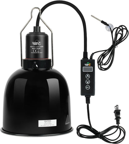 Lucky Herp reptile light fixture with dimming thermostat front view for terrarium heating.